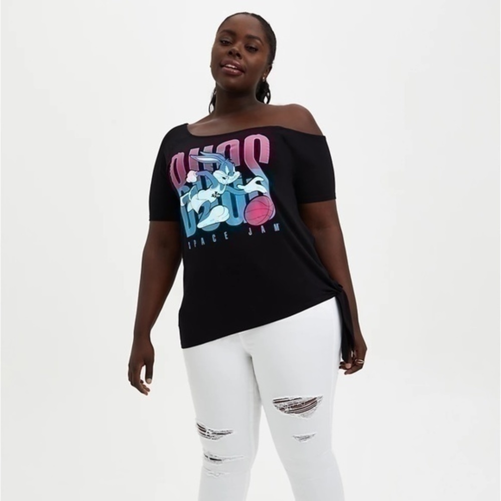 Torrid Space Jam 2 Black Off Shoulder Top Blouse Tee Size 0 or 12 - Picture 2 of 4